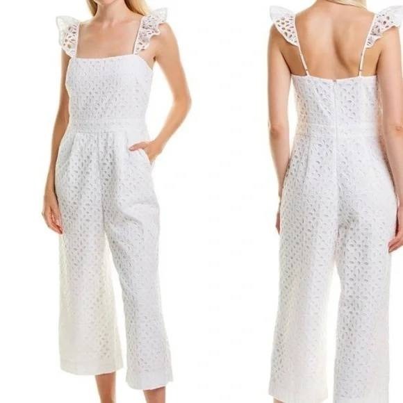 J. Crew Pants - J. Crew White Eyelet Flutter Sleeve Cropped Jumpsuit Pants Size 4
